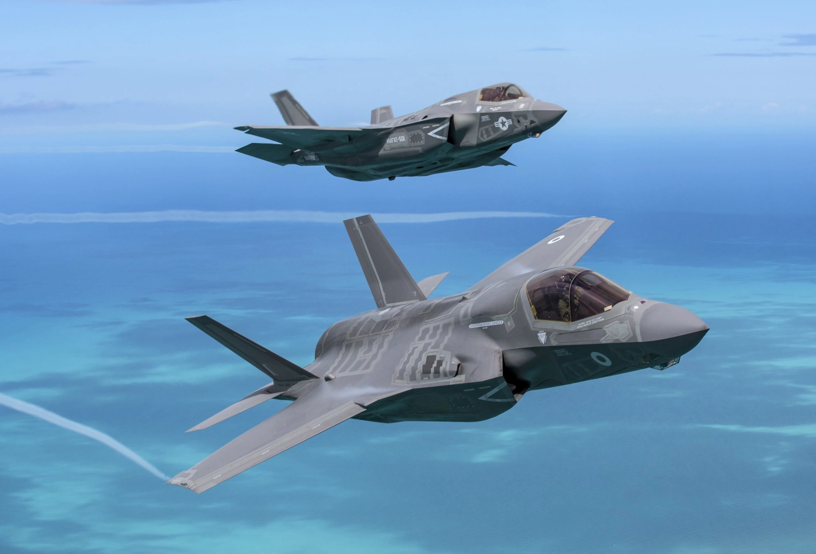 F-35B’s from the Royal Air Force (bottom) and US Marine Corps (USMC): Credit: UK Ministry of Defence 2021.